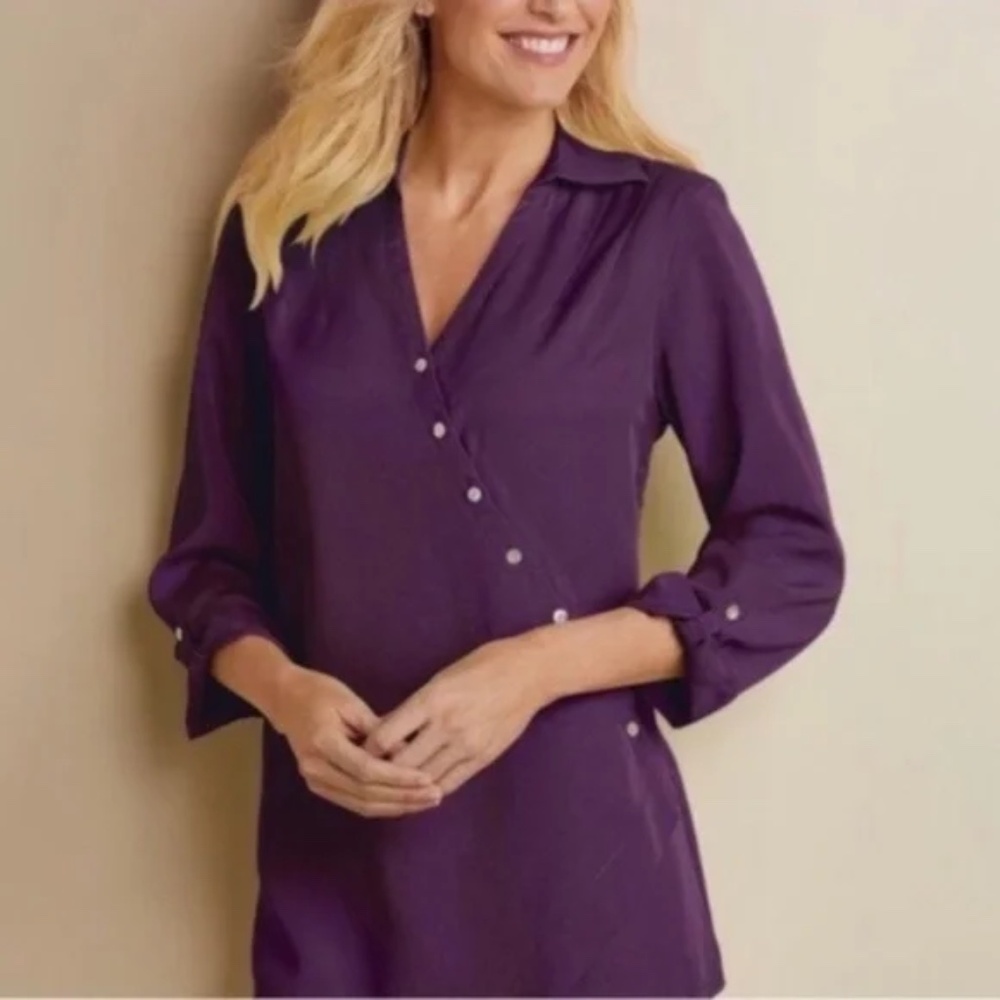 Soft Surroundings Collared Wrap Blouse Magenta - Picture 2 of 7
